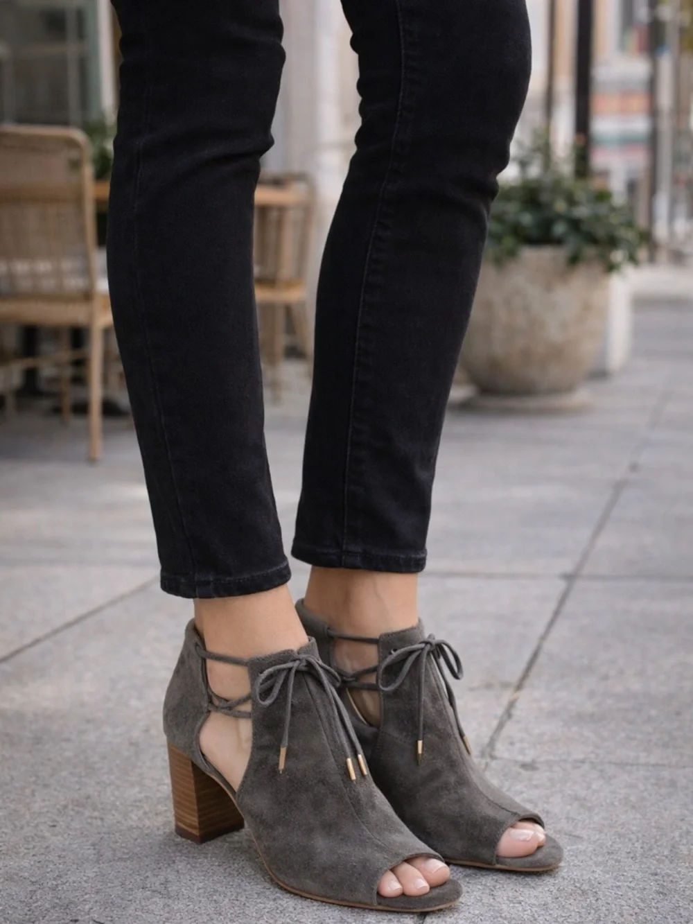 Vaneli Grey Suede Open Toe Booties Lace Up Block Heel Cutout Ankle Heels Neutral